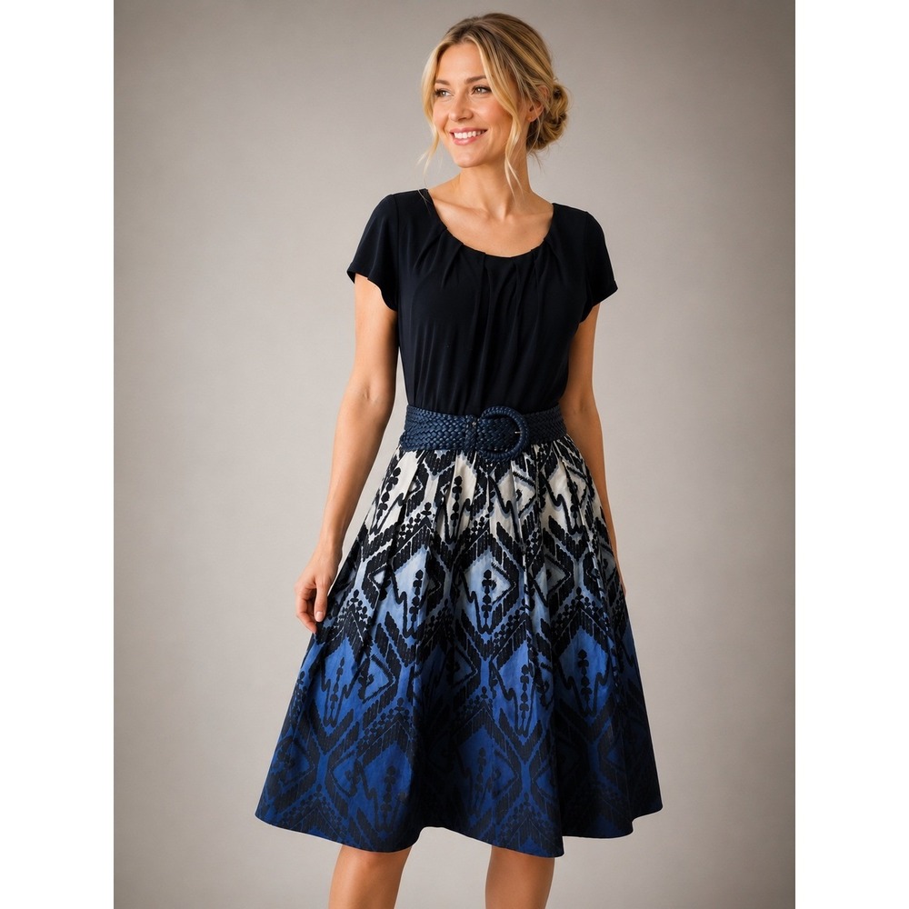Coldwater Creek Navy Ombre Geometric Fit and Flare Belted Dress Womens 6 Classic